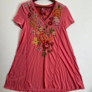 Johnny Was Womens Pink Floral Embroidered Tunic Dress Short Sleeve Size Small